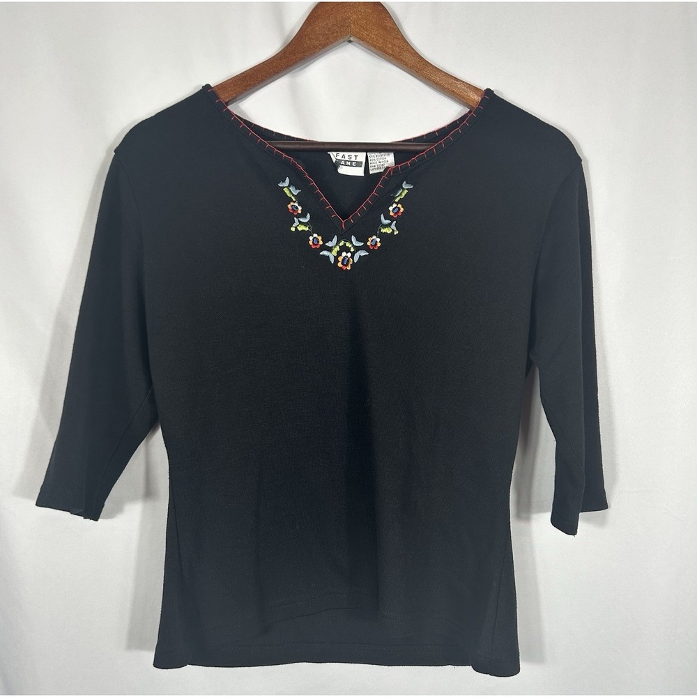 Womens‎ Vintage Mexican Floral Embroidered Knit Top Size L 90s Boho Crop Casual